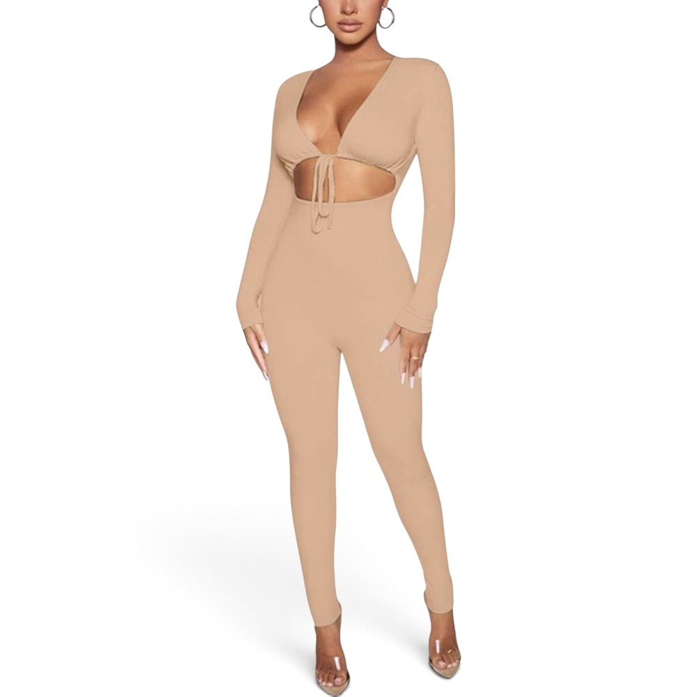 Azhong Jumpsuit Women Large Beige Good Cutout Tie‎ Front Long Sleeve AF0L0020